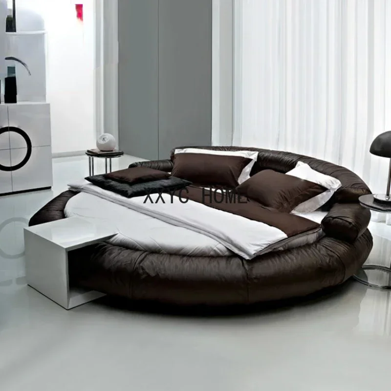 

Круглая кровать из натуральной кожи в скандинавском стиле, кожаная двуспальная кровать принцессы с татами в европейском стиле