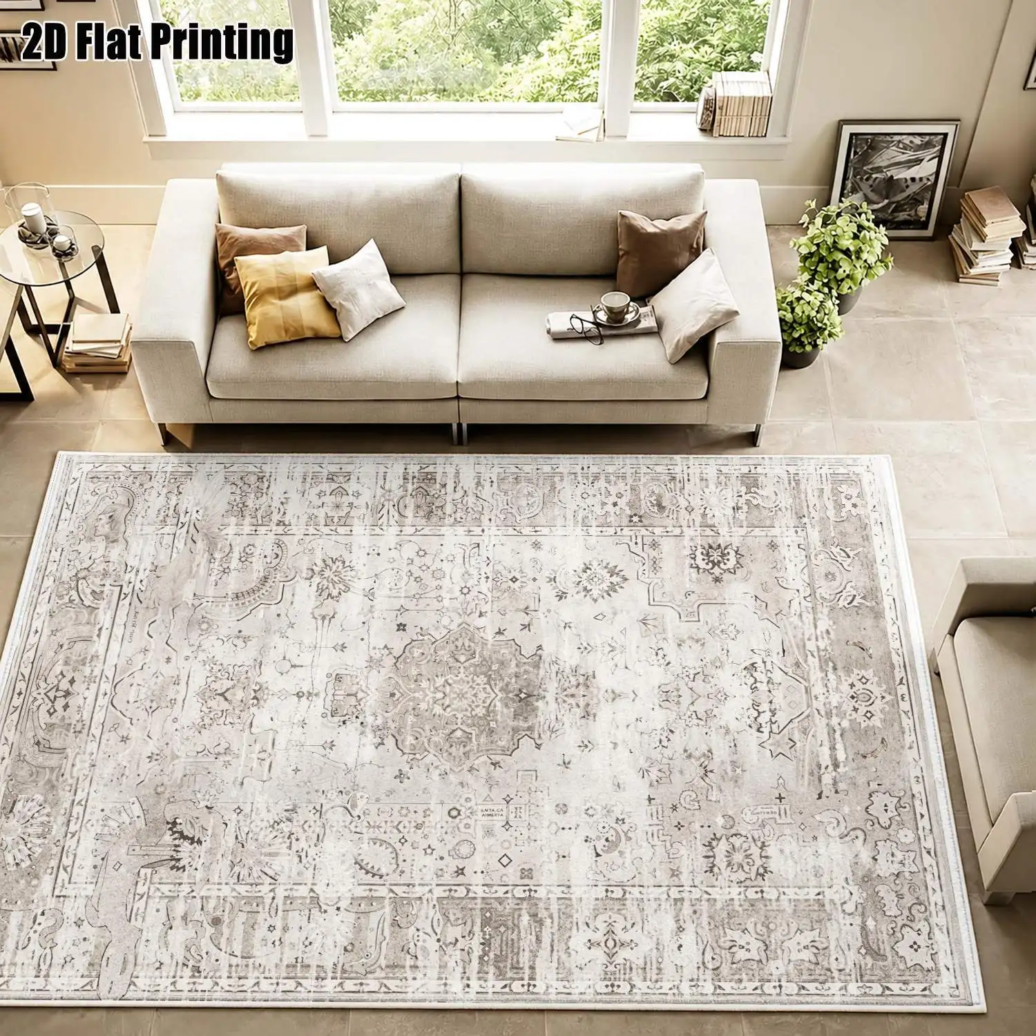 1Pc 2D Printed Beige Retro Floral Velvet Carpet, European Style, Machine Washable, Multi-Size for Home Decor