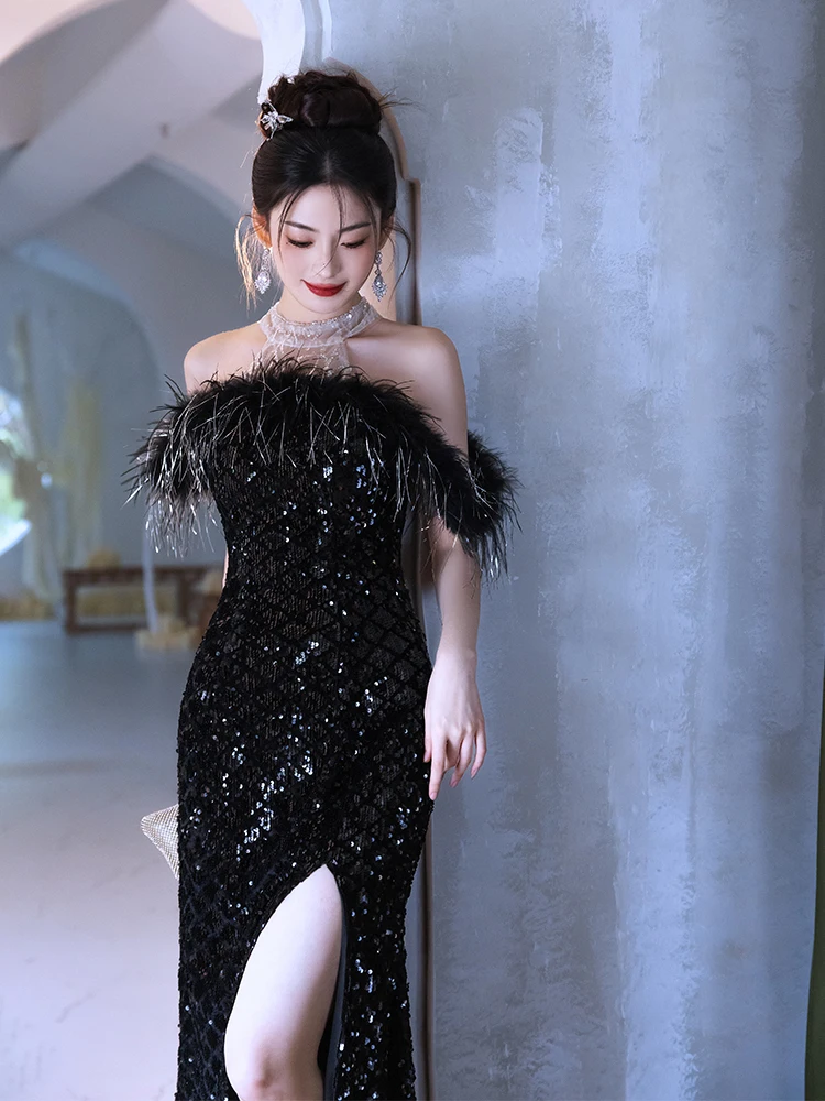 

Элегантное вечернее платье с одним открытым плечом и высоким разрезом для женщин, для корпоративных мероприятий, сексуальное, шикарное, роскошное