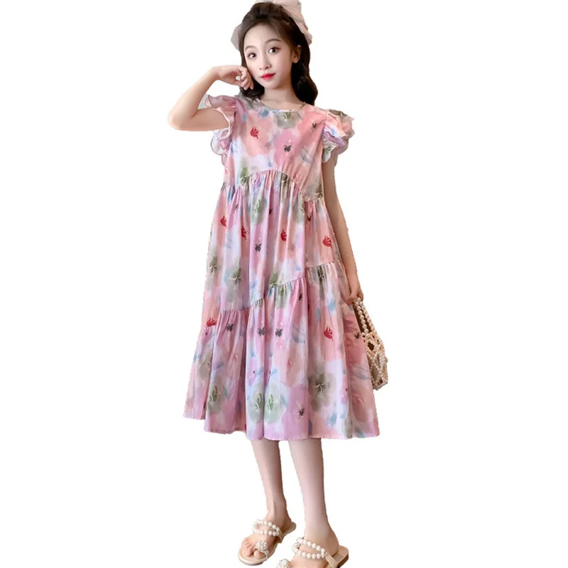 Girls Summer Dress 2024 New CuHK children Korean children\'s Western style floral dress 6-12 years old 15 years old