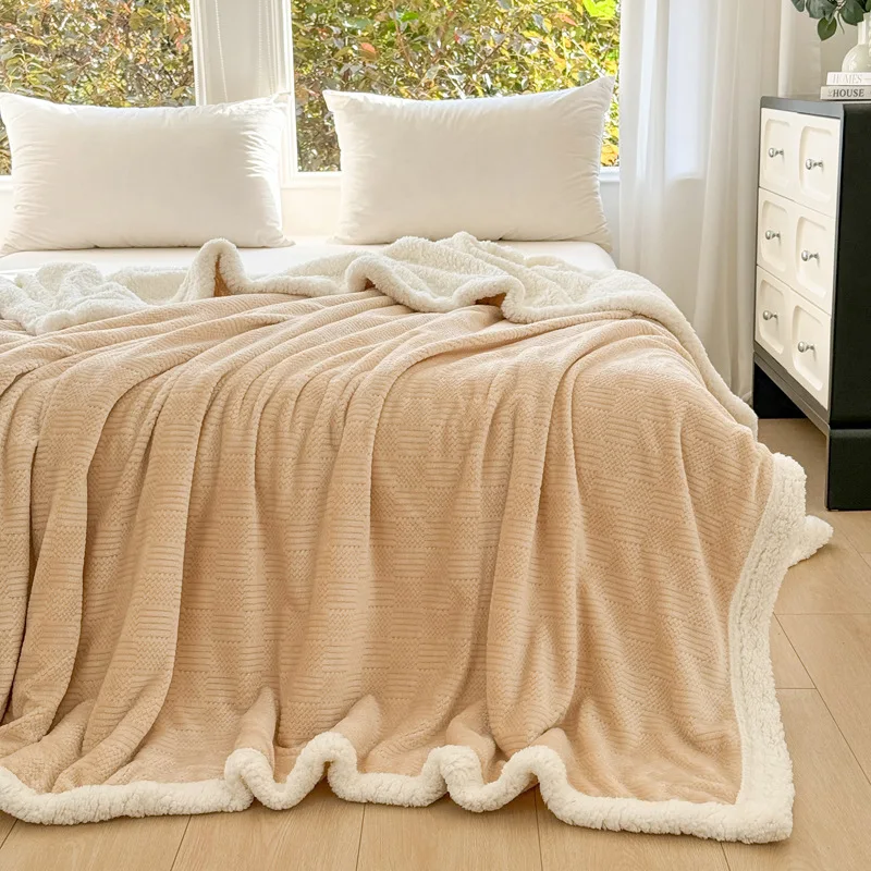 Double Layer Lamb Wool Solid Color Blanket Office Leisure Warm Shawl Blanket for Napping Soft Cozy Striped Printed Sofa Cover