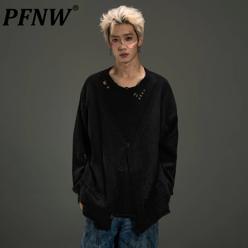 

PFNW Fake Two-piece Spliced Ripped Cardigan Male Sweater Street Casual Knitted Single Breasted Niche Autumn Tops Trendy 28W4572