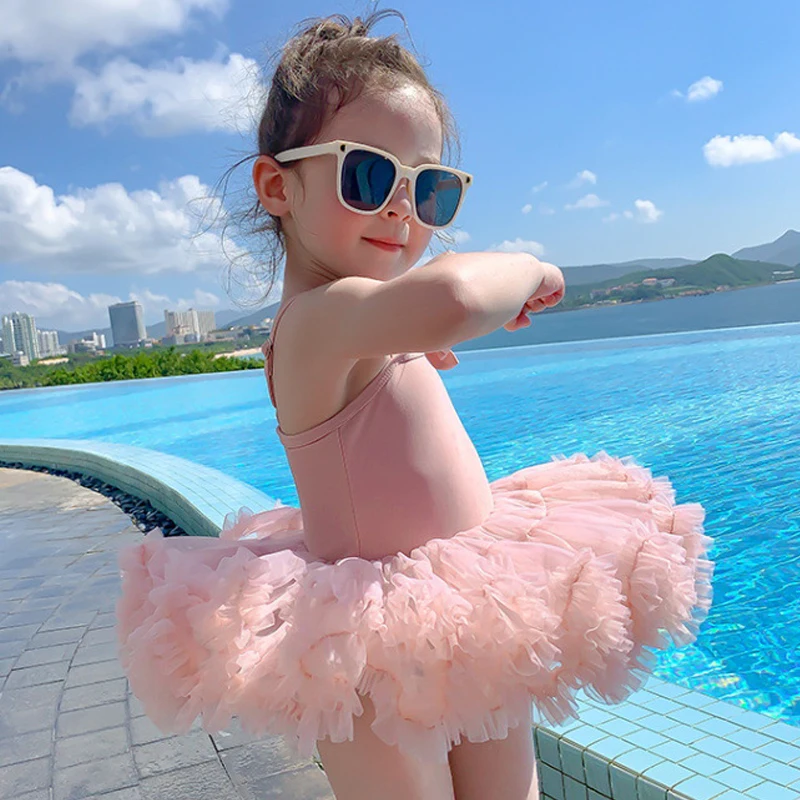 Girls Fashion Sleeveless Strap Tutu Dres with Cap Kids Tulles Dress Baby Girls Cute Swimwear Clothing New Swimsuits Beach Dres