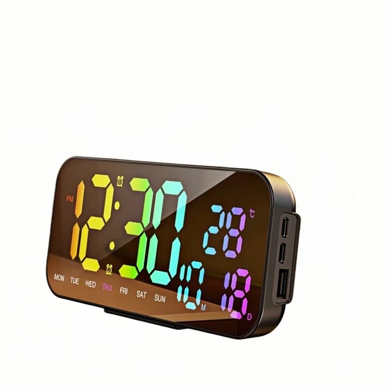 USB Powered RGB Digital Wall Clock TEMP Date 2 Alarm Snooze Table Clock 12/24H LED Alarm Clock with USB Output Charging Port