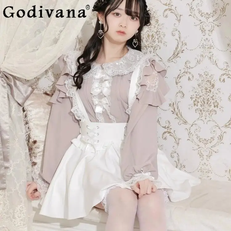 Girly Sweet White Long-sleeved Shirt Women Autumn Elegant Fashion Japanese Mine Lace Doll Collar Mass-produced Bow Blouses Tops