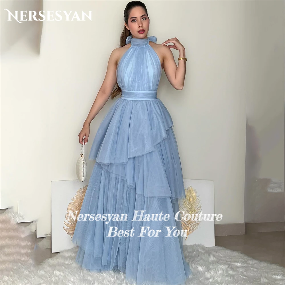 Nersesyan Baby Blue Tulle Formal Prom Dresses Halter Backless A-Line Evening Dress Tiered Ruffles Graduation Party Gowns Solid