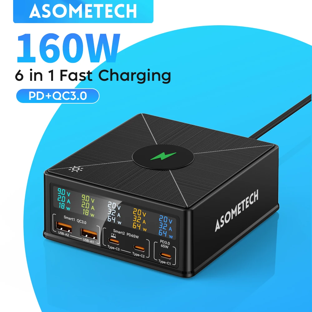 160W 5-portowa ładowarka USB Staion 15W Bezprzewodowe ładowanie PD 65W QC3.0 Typ C Szybka ładowarka do iPhone 15 Pro Macbook Samsung Laptop