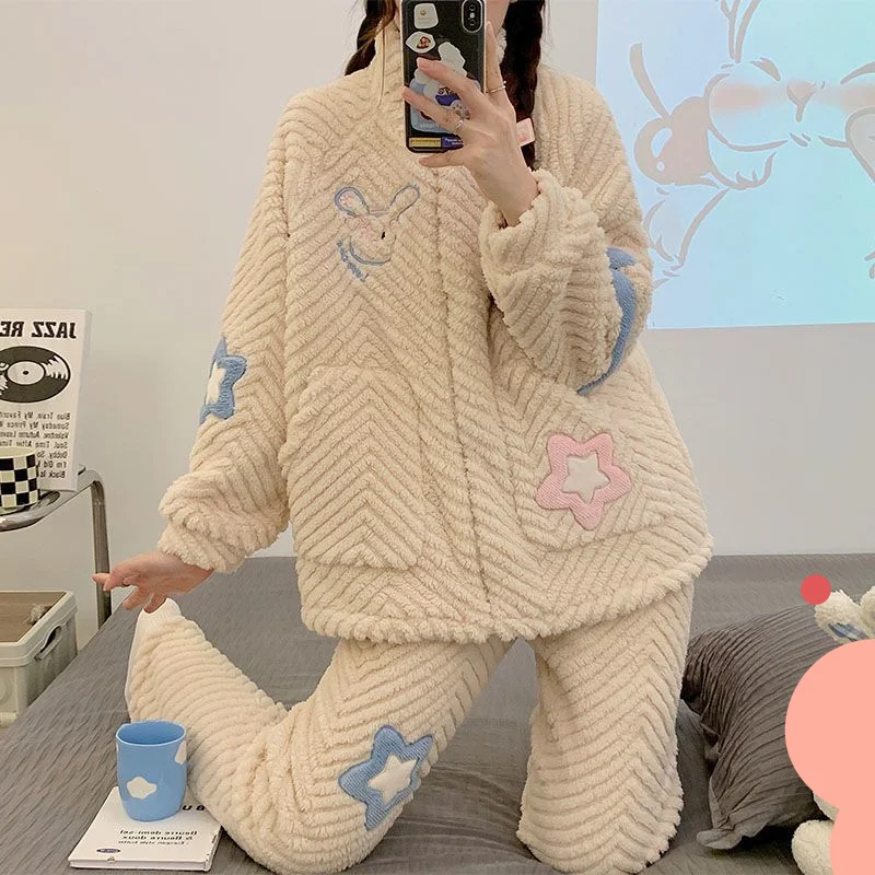 مجموعة الشتاء بيجامات نسائية تحافظ على الدفء من الصوف المرجاني ملابس نوم حلوة ولطيفة للطالبات بيجامة ملابس منزلية سميكة مبطنة بالصوف #3
