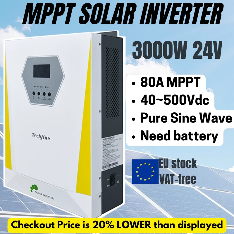 

3000W 24V Hybrid Off-Grid Solar Inverter, High-Frequency MPPT Solar Charger Controller 80A, 230VAC Output, PV Input Range 40-500