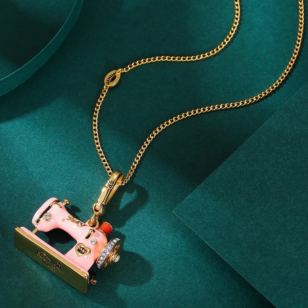 Enamel Pink Sewing Machine Pendant Necklace Love Heart Crown Bowknot Fashion Jewelry For Women Girls Cute Gift - view 3