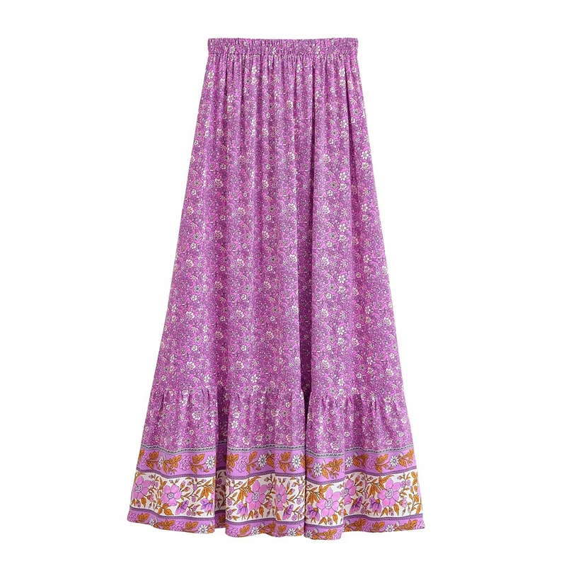 KEYANKETIAN 2025  New Women's Romantic Country Print MIDI Skirt Beading Lace Up Elastic Waist Viscose Floral A Line Long Skirt