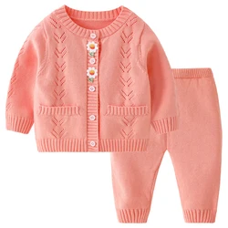 2Piece Spring Fall Toddler Girl Outfits Set Korean Casual Cute Flower Knit Cardigan Coat+Pants Baby Clothes Kids Clothing BC737