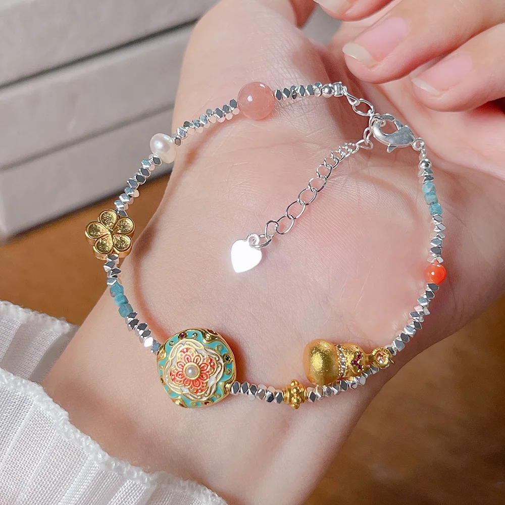 

Ruifan Irregular Silver Plated Beads Women Bracelets with Vintage Round Cloisonne/Sand Gold Flower Gourd Charm Boho Bangle 1580