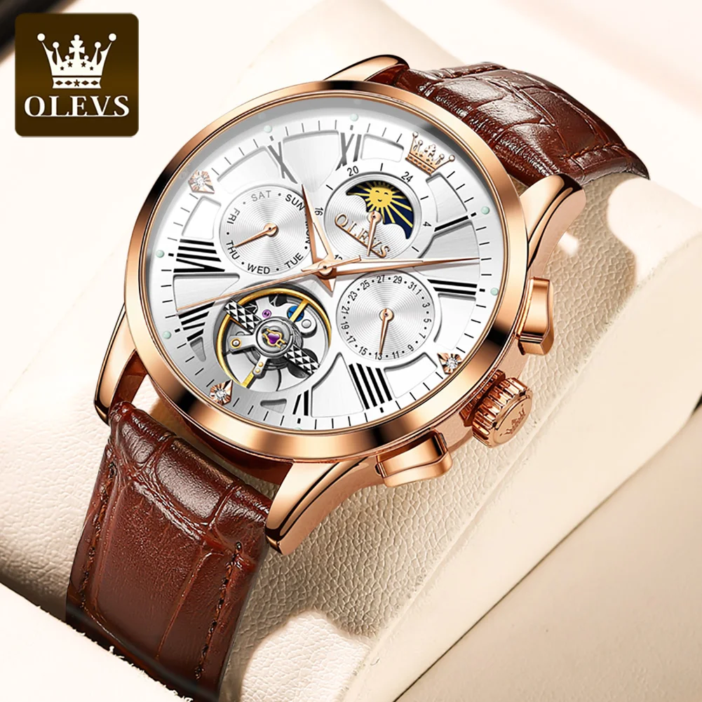 

OLEVS Men's Watches Moon Phase Waterproof Business Multifunctional Automatic Mechanical Watch Calendar Leather Strap Original