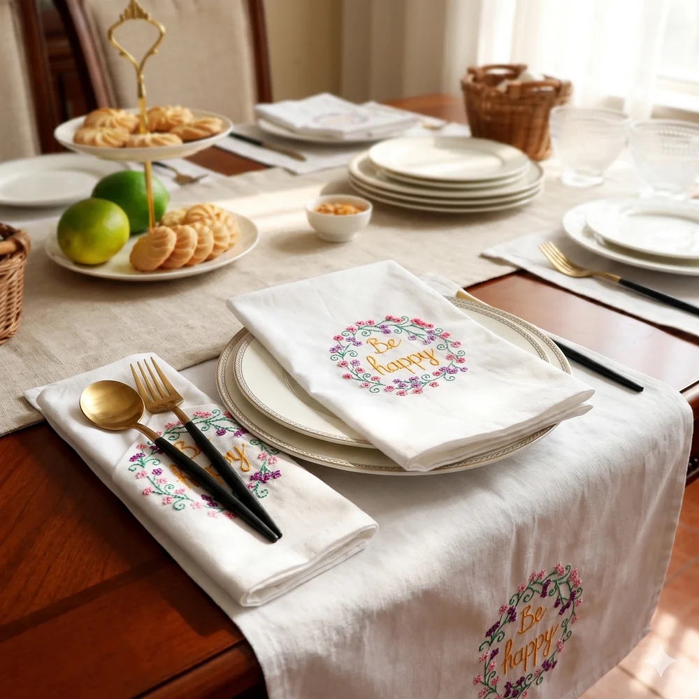 4PCS Embroidered Cotton Cloth Napkins, Vintage Floral Wreath Tea Towel, Shabby Chic Dinner Napkins for Wedding Party Decor