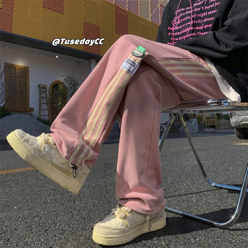 

Pink Casual Pants for Men Striped Sports American Retro Straight Leg Sweatpants Spring Autumn New Sle Loose Fit Youthful