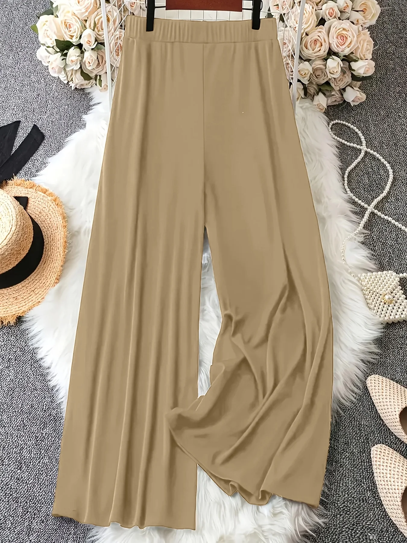 بنطال نسائي عالي الخصر واسع الساق بلون سادة، بنطال كاجوال فضفاض ومريح مع أزرار زخرفية عصرية