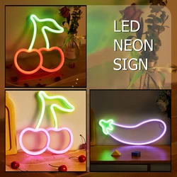 Chi-buy Cherry&Eggplant LED Neon sign USB Powered Or Battery Power Supply Neon Signs Night Light For Bedroom Living Room Decor L