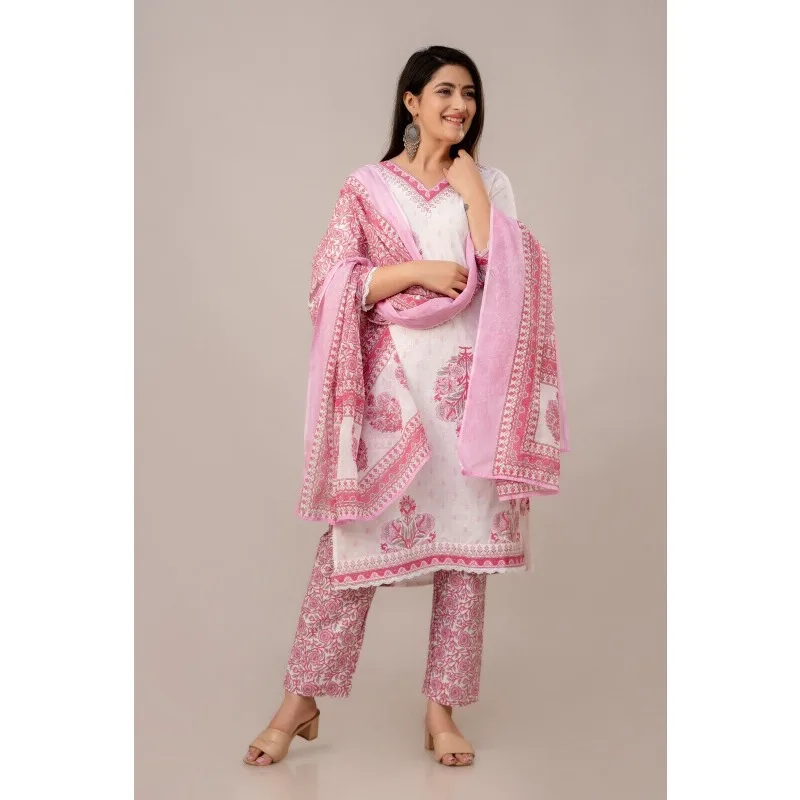 Pink Color Printed Kurta Palazzo with Dupatta Set Women Salwar Kameez Dress