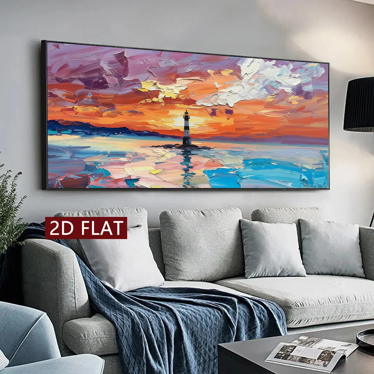 2D Flat 1pc Unframed Canvas Posters and Prints Lighthouse Sunset Seascape Painting Wall Art for Living Room Bedroom Home Decor