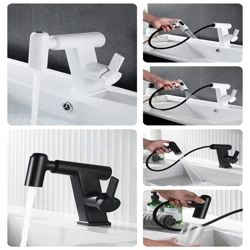 Multi Functional Pull Type Washbasin Faucet White 360 Rotary Bathroom  Hot&Cold Mixing Faucets