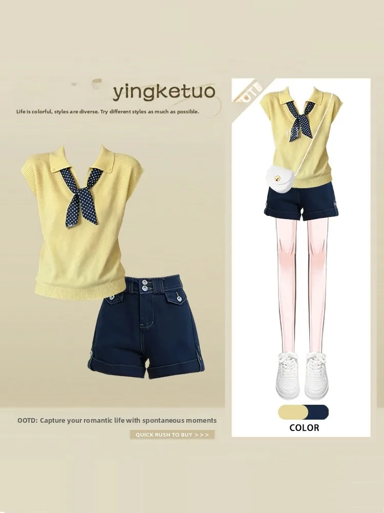 

Elegant Light Yellow Neck Short Sleeve Top And Slimming Denim Shorts Set Women's Summer Fashion Two-Piece Suit ...