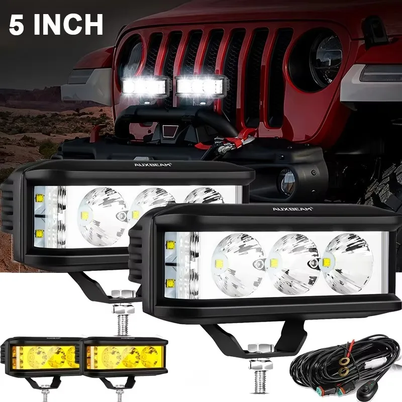 1Pair 5 Inch 60W LED Driving Work Lights 3 Sides Spot Lights Fog Light with Wiring Harness For Jeep Truck SUV ATV UTV 4x4