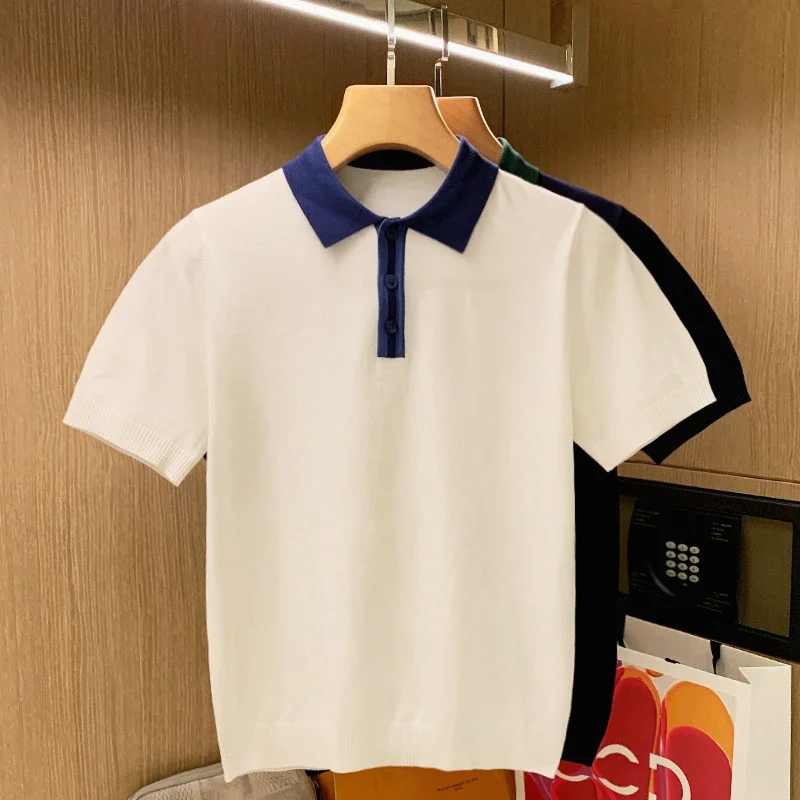 Short Sleeved Summer and Spring Male Patchwork Contrast Color Knit POLO Shirt Slim Fit Short Sleeved Men's Polo Shirt 2024 W09