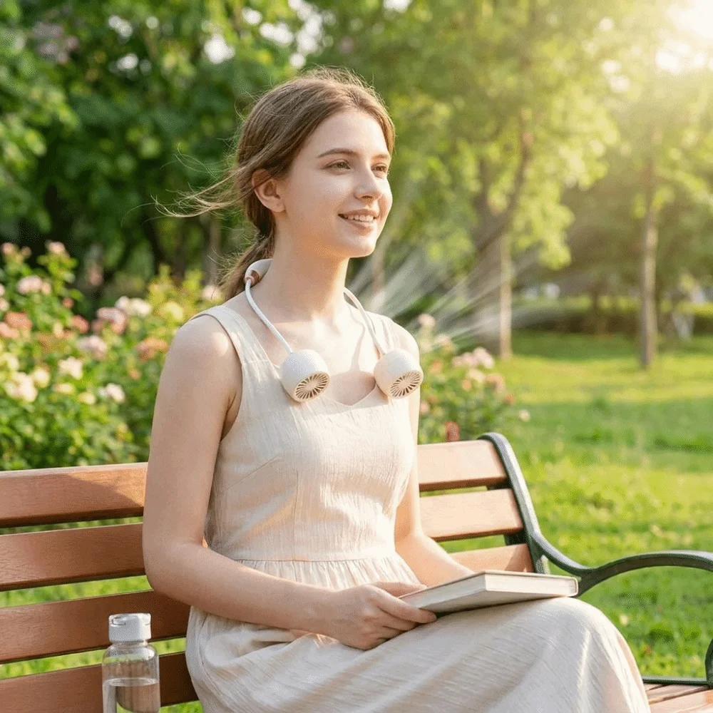 Cream Tone Wearable Neck Fan Turbine Air Outlets Foldable Structure Rechargeable Neck Fan Soft Wind Rechargeable Battery