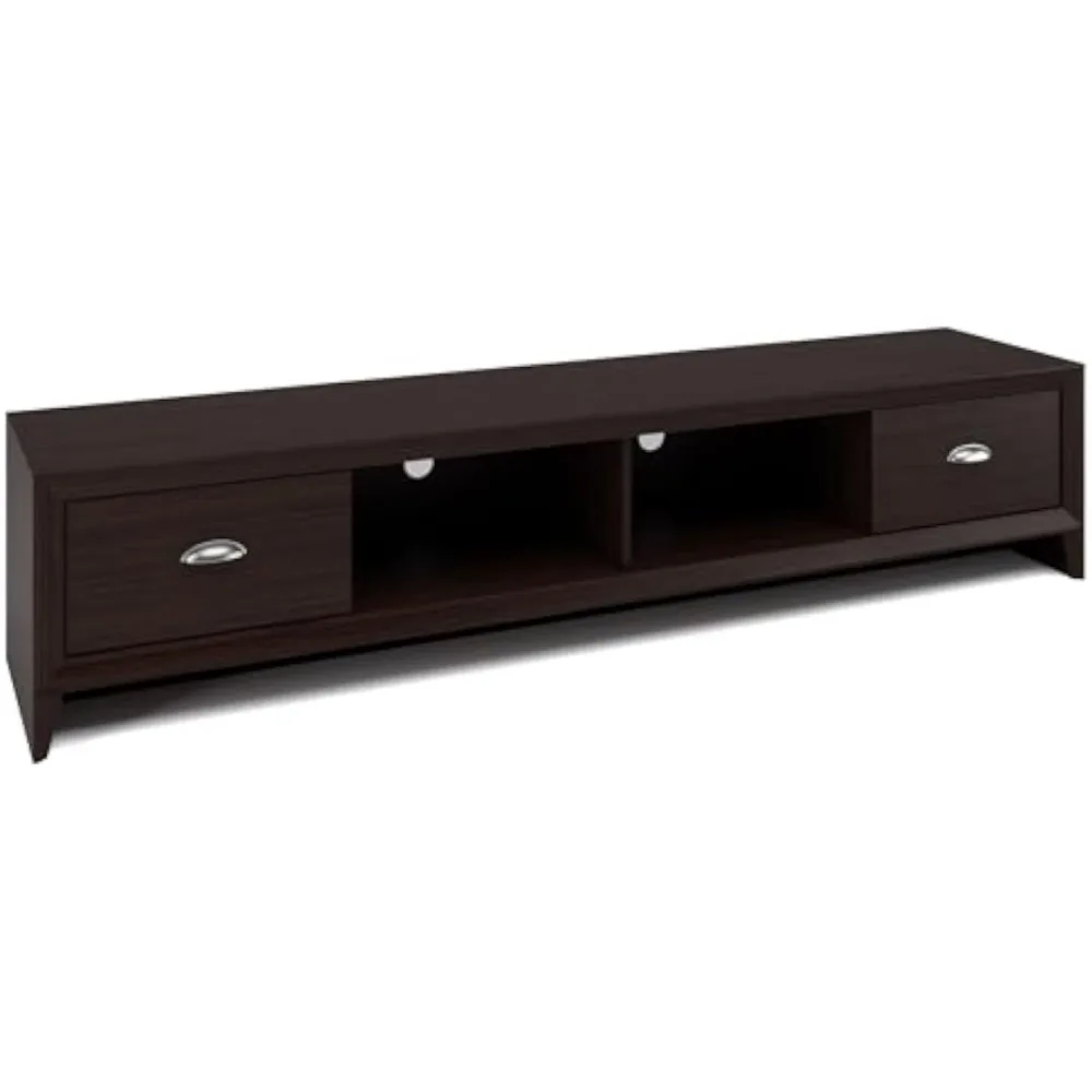 حامل تلفزيون خشبي حديث باللون البني الداكن مع أدراج لمعظم أجهزة التلفاز حتى 85 بوصة لغرفة المعيشة – مدخل طويل ومنخفض المستوى #1