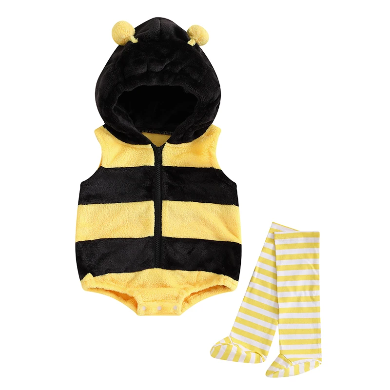 Baby Bee Costume Sleeveless Hooded Romper Long Socks Set Infant Bumble Bee Costume Newborn Outfit