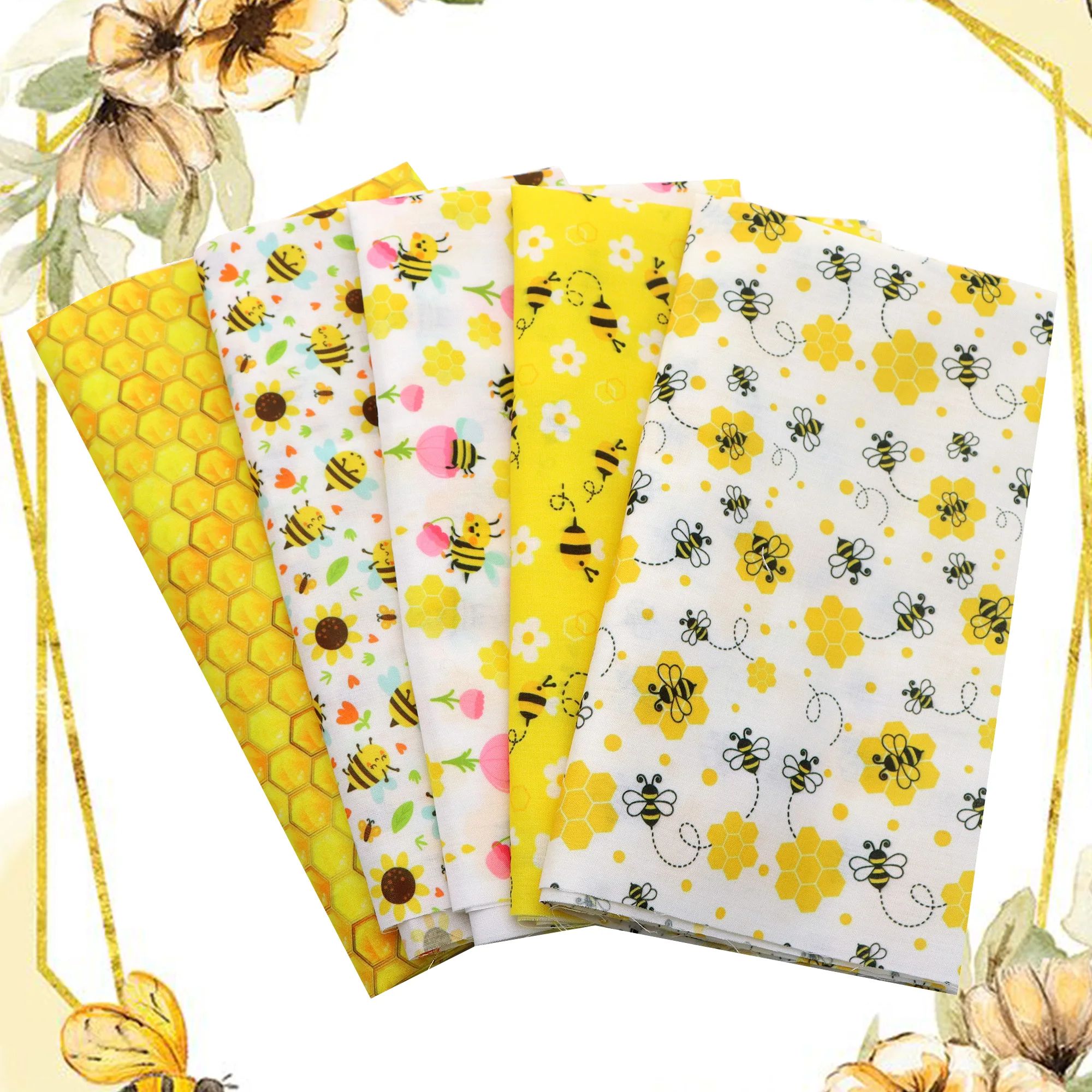 Pre-cut 5pcs Polyester Fabric Bundle 19.7x17.7 Inches /7.87x7.87inch- Bee & Sunflower Daisy Themes, Pre-Cut Quilting Squares