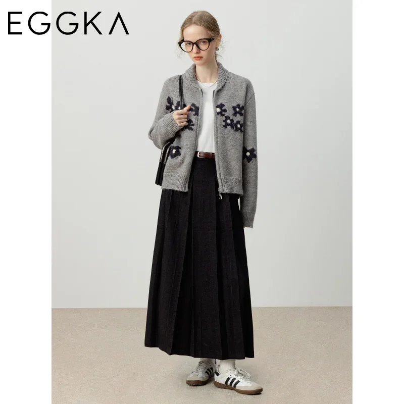 EGGKA Solid Color Brushed Pleated Skirt Elegant Mid-length High-waisted A-line Skirts 2024 Autumn Korean Fashion Commuter Skirts