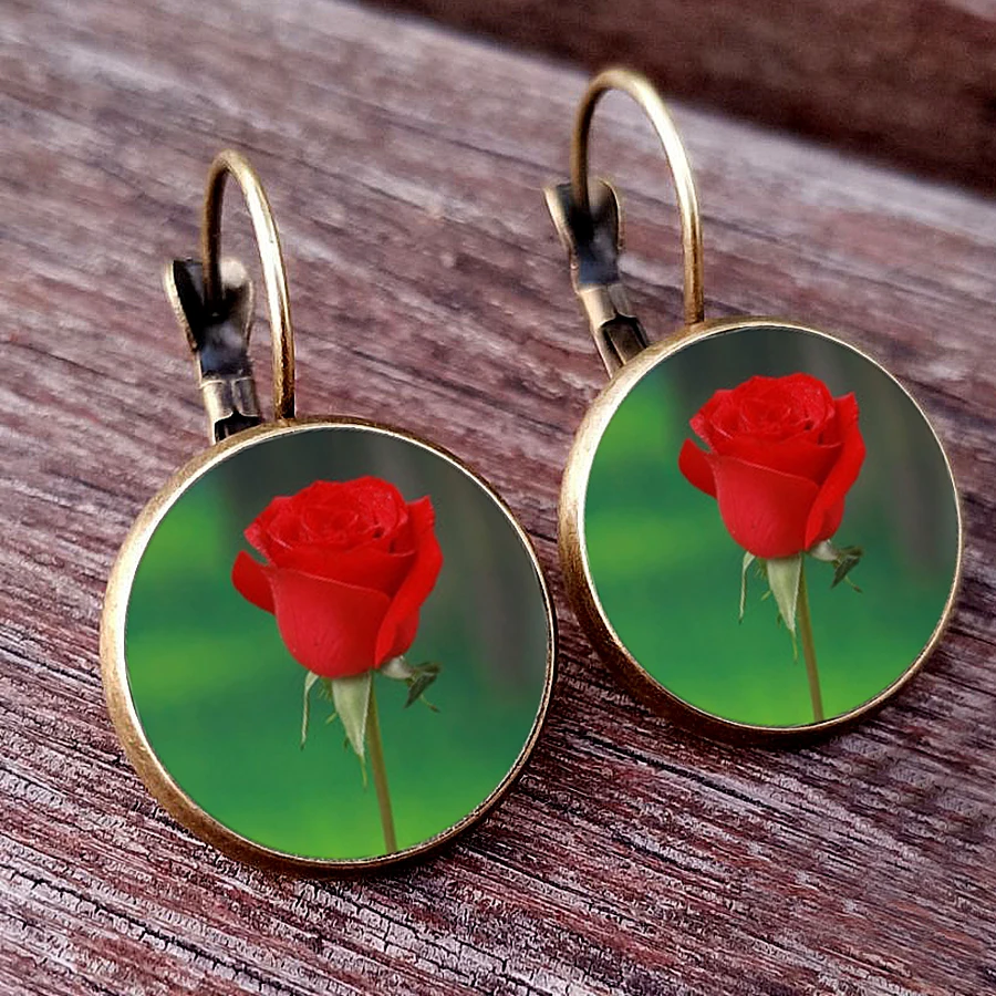 New Red Rose Earrings Rose Photo Glass Women\'s Earrings Valentine\'s Day Gift Birthday Gift Design Sense Party Jewelry