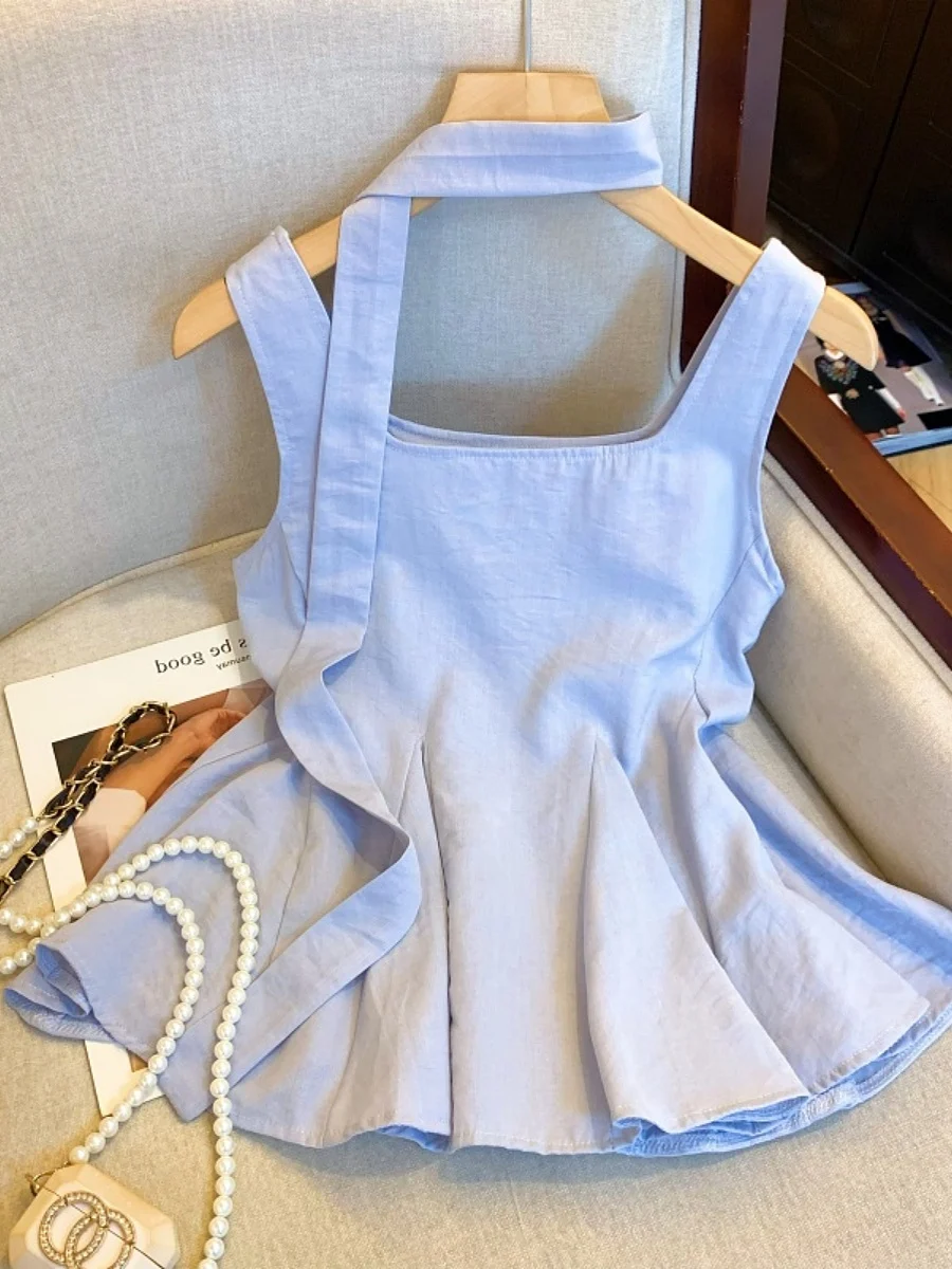 

Korean Style Slim Fit Women's Shirt Vest Square Collar Sleeveless Summer Fashion Gauze Short Length Color Top