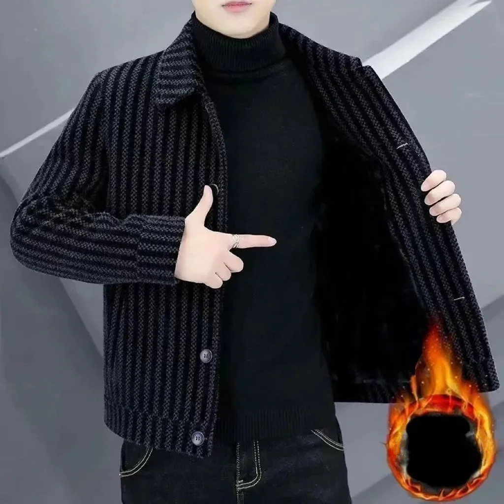 

Men's Faionable Urban Autumn Winter Thiened Flannel Casual Jaet with Collar Warm Fce Lined Trench Coat for Busin