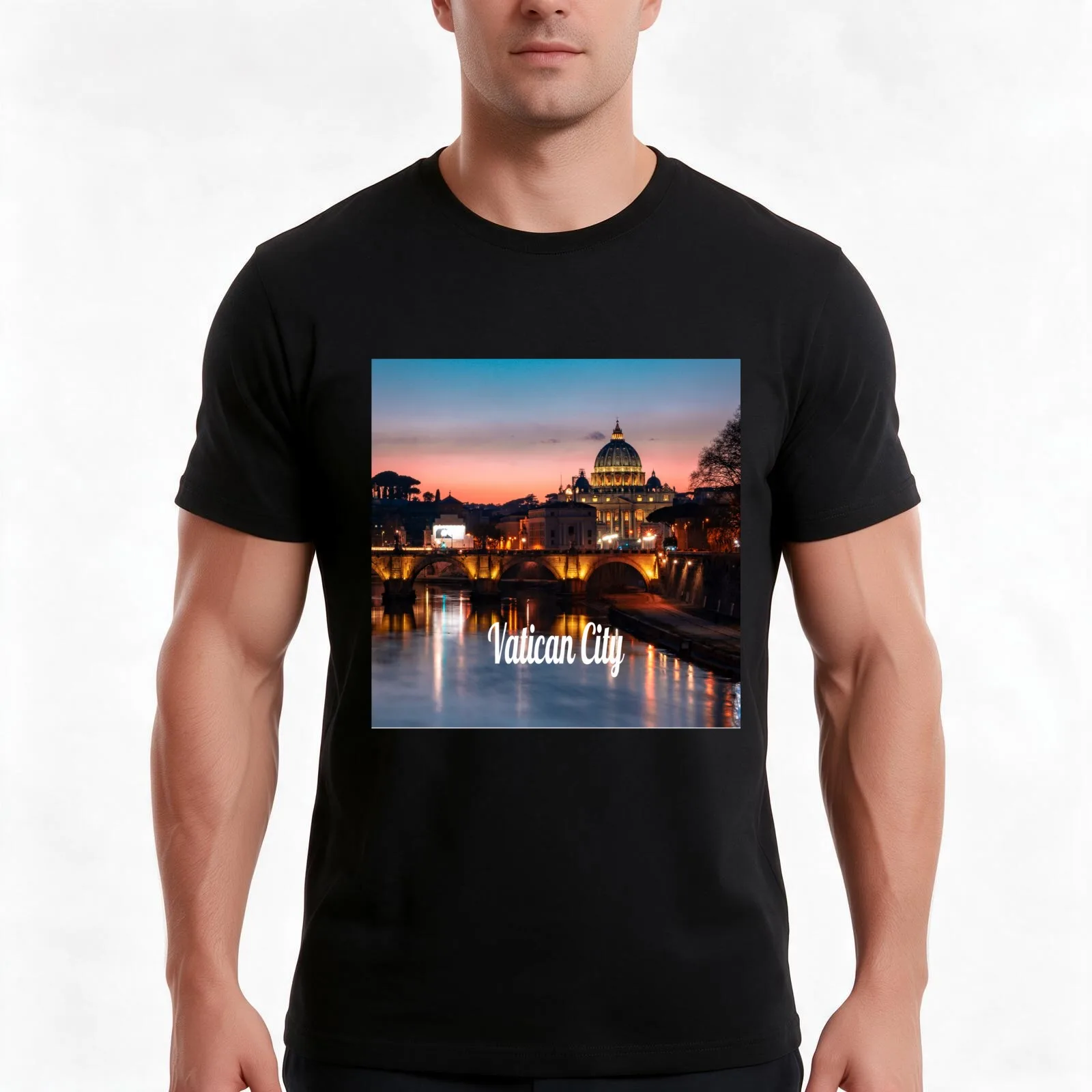Vatican City At Night Roman Catholic Church T-Shirt, Summer Casual Cotton Tee, Oversized Streetwear Tops, Vintage Graphic Print