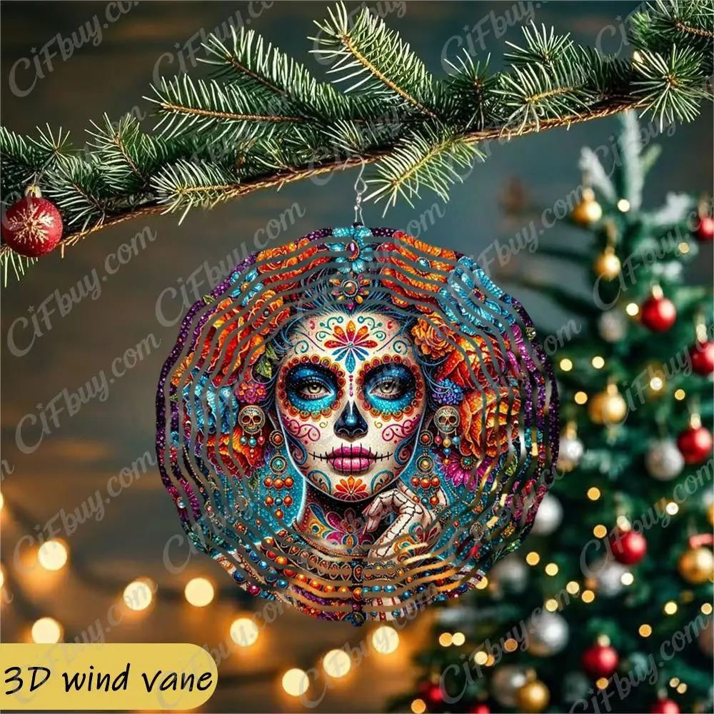 CIFBUY Wind Chime Colorful Sugar Skull Art Woman Face 360° Rotating Metal Spinner Outdoor Yard Porch Hanging Decor Gift
