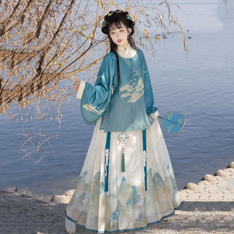 Original hanfu female green bright round collar robe horse face skirt print fresh daily spring and summer