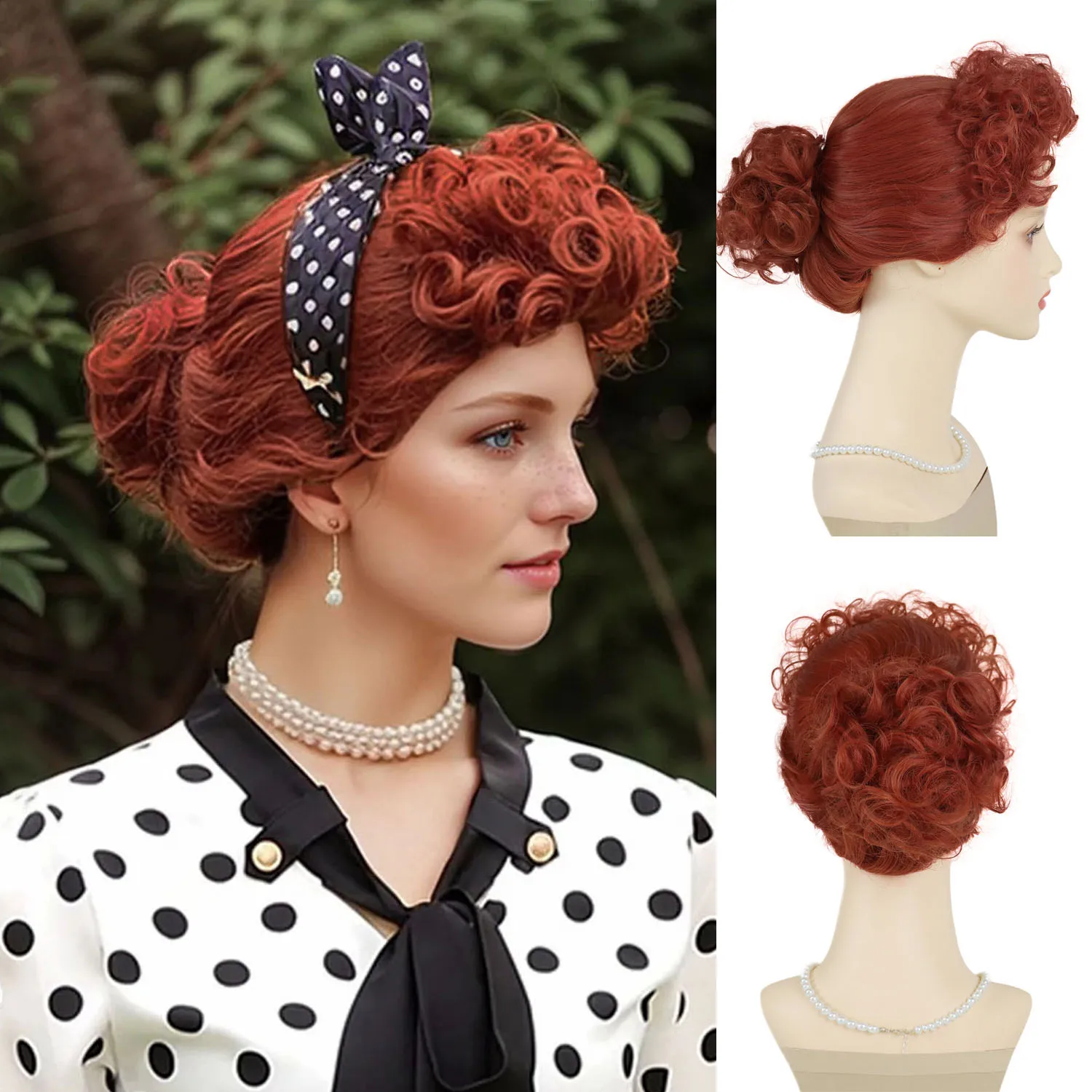 

50s Housewife Costume Wig for Halloween Synthetic Hair Short Curly Wig Lucille Cosplay Lucy Red Wigs Fluffy Hairstyle Mommy Wigs