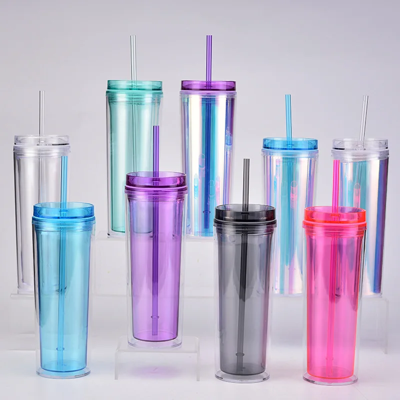 18oz doppelschichtiger Strohwasserbecher aus Kunststoff, transparenter tragbarer Sportwasserbecher mit Strohhalm