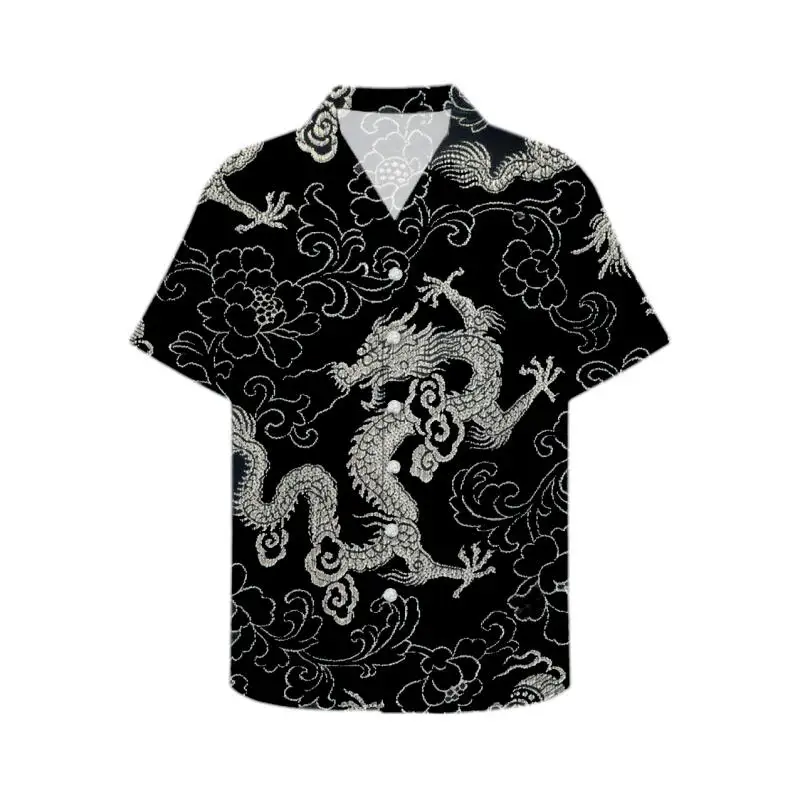 Men\'s Summer Fashion Dragon Print Short Sleeve Button Down Shirt S-3XL Plus Size Chinese Dragon Style Streetwear Overshirt Tops