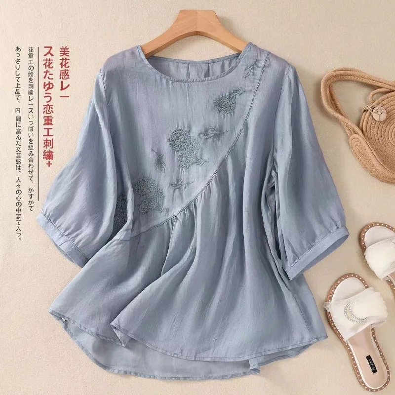 Vintage Thin Style Loose 3/4 Sleeve Embroidery Cotton and Linen Lady Round Neck Summer Appear Thin Multicolor All-match T-shirt