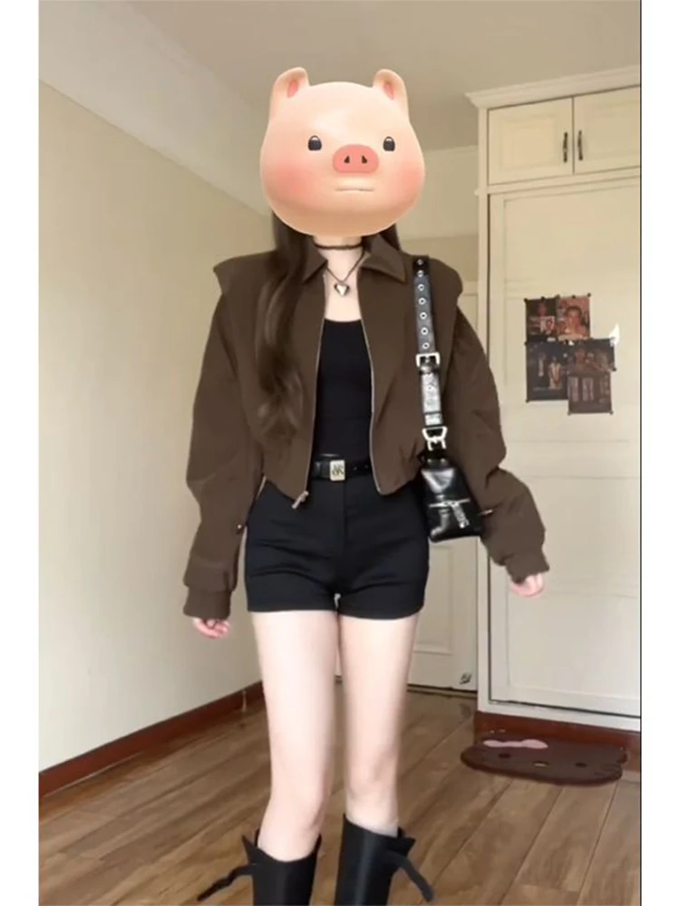 

Американский коричневый укороченный жакет с подплечниками, женская осенняя новинка, повседневная куртка-бомбер в стиле русалки, топ для города, ветрозащитная.