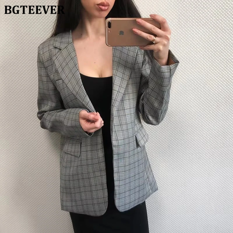

BGTEEVER Work Jacket Women Gray Plaid Office Lady Blazer Jacket Fashion Notched Collar Elegant Work Blazers Feminino