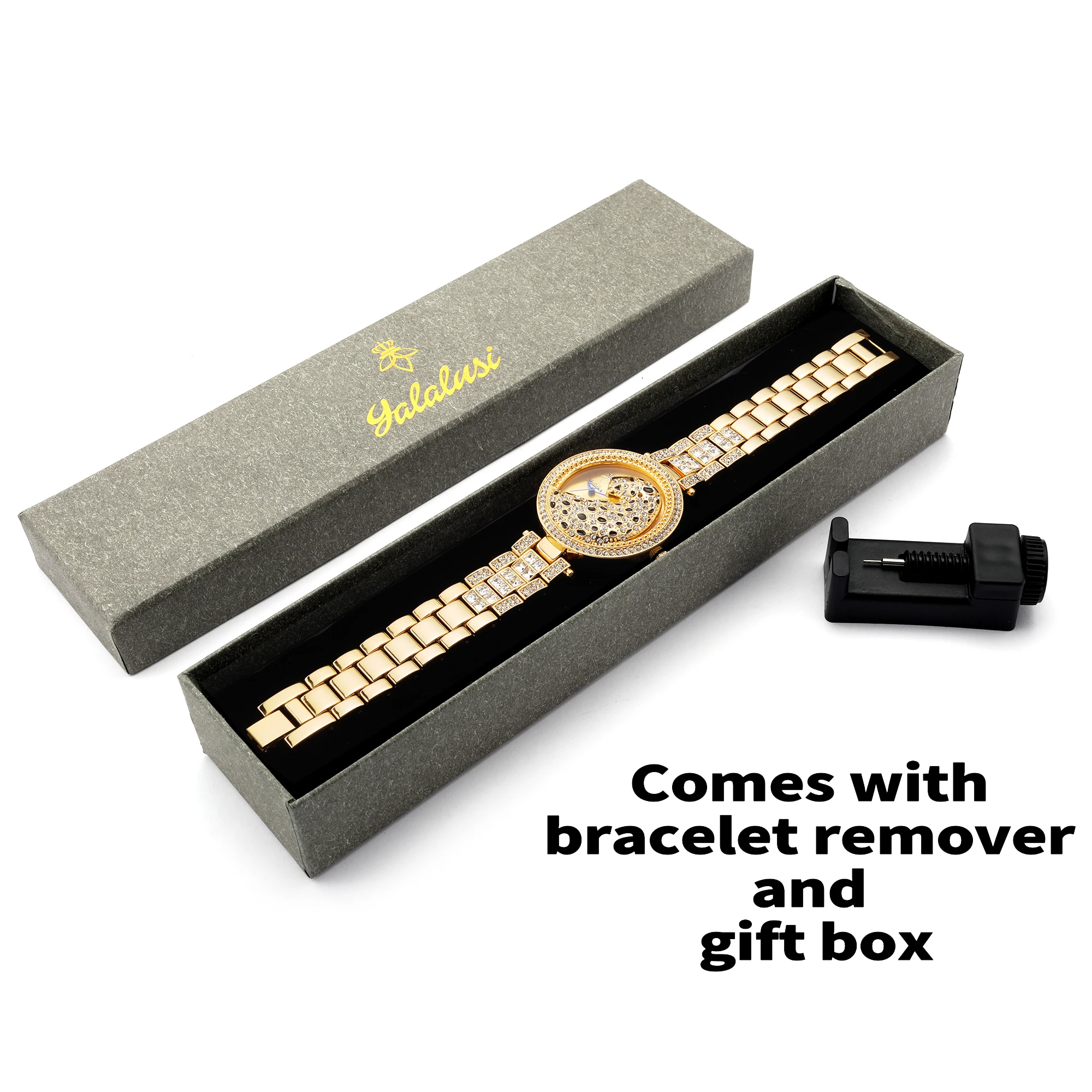 YaLaLuSi Brand 2024 Hot Model Women's Watch Gold Luxury Crystal Diamonds Leopard Box Watch Remover Ion Real Gold Plating