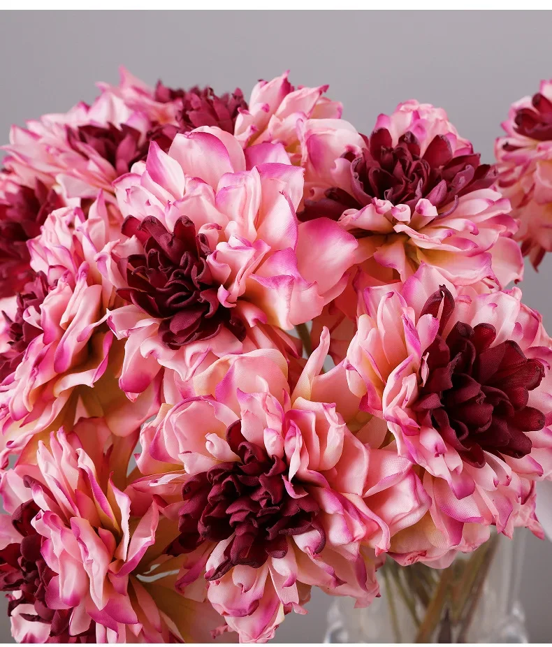 5 Stück Simulationsblumen Seiden-Dahlien mit grünem Herz, 7 Blütenköpfe, Blumenstrauß, Restaurantdekoration, künstliche Blume, Simulations-Dahlie mit verbranntem Rand – Detail 8