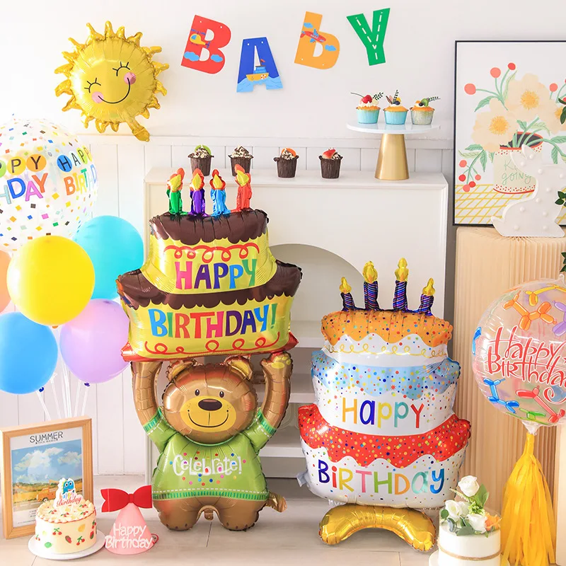 INS style birthday cake aluminum film balloon baby birthday party scene layout cartoon rainbow animal shaped balloon