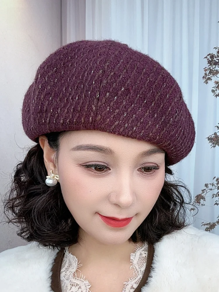 暖かいウールブレンドベレー帽女性用チェック柄カボチャデザインカジュアルファッショナブルな光沢のある糸秋冬新着