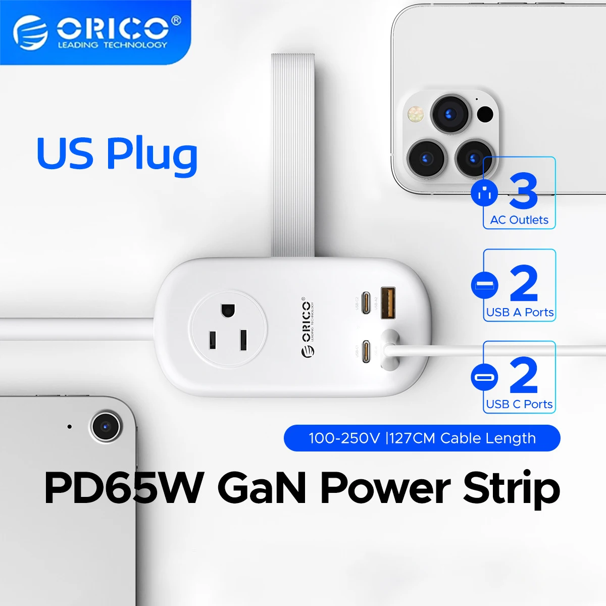 ORICO US Plug 65W Power Strip Fast Charging 3AC Outlets 2 USB 1 Type C Port Socket Extension Cord Travel Adapter Network Filter